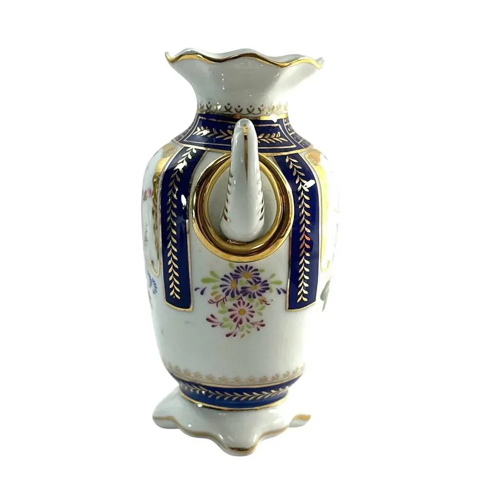 Angela 2003 Porcelain Vase Cobalt Blue Pink Floral Gold Gilt Double Handle 6”